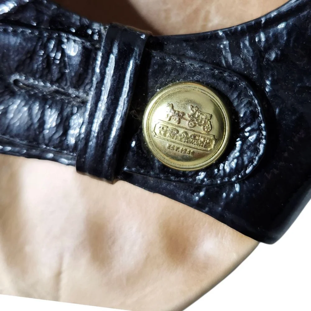 Coach Black Crinkle Patent Leather "Lee" Wooden Clogs Size 9.5 - Picture 3 of 8